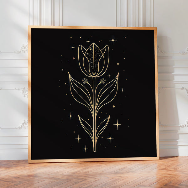 Tulipe dorée et noire, line art botanique minimaliste — Poster HP mat