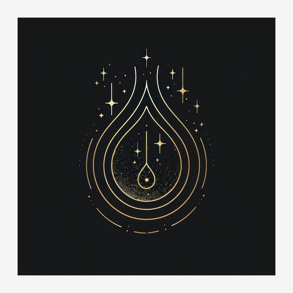 Une goutte d'eau stylisée en courbes concentriques dorées sur fond noir, ornée d'étoiles dorées et d'une texture poudreuse à.