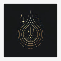 Une goutte d'eau stylisée en courbes concentriques dorées sur fond noir, ornée d'étoiles dorées et d'une texture poudreuse à.