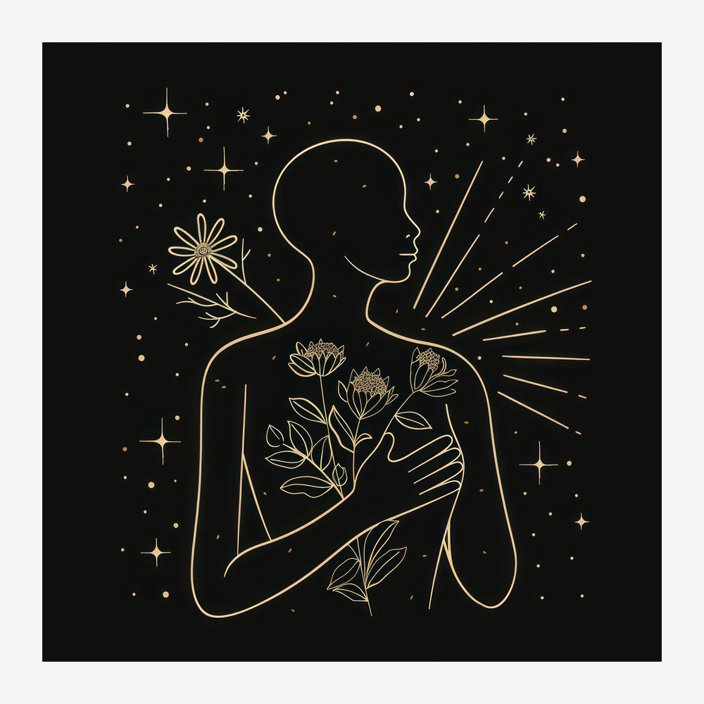 Silhouette dorée de profil d'une femme portant des fleurs dans son cœur, entourée d'étoiles scintillantes et de rayons de.