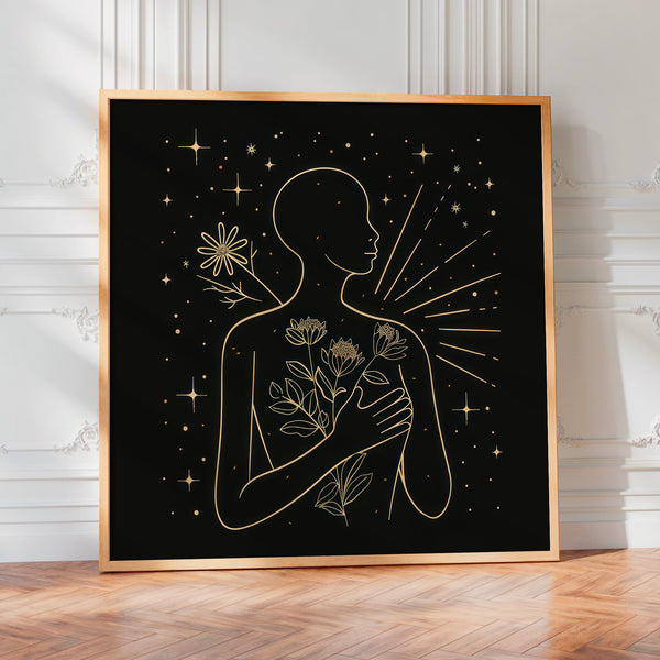 Silhouette féminisme et fleurs line art doré — Poster HP mat