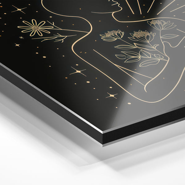 Silhouette féminisme et fleurs line art doré — Aluminium Dibond relief 3D