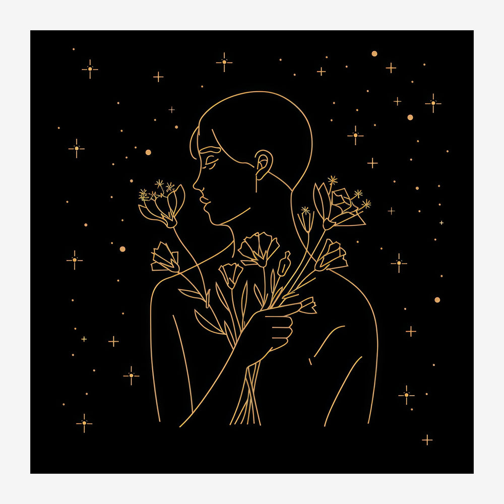 Silhouette de profil d'une femme au trait doré, tenant un bouquet de fleurs, sur fond noir semé d'étoiles dorées.