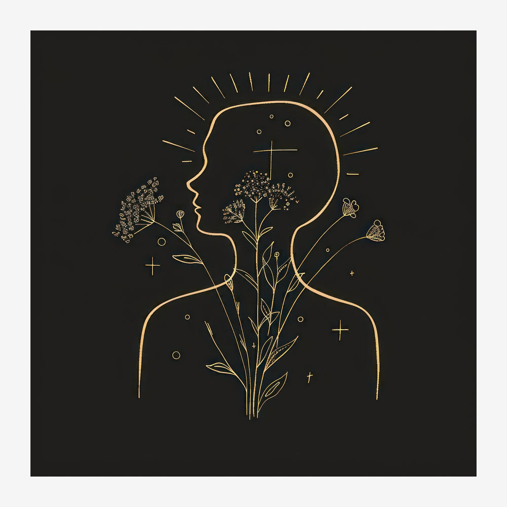 Silhouette de profil d'une tête humaine avec un tracé doré contenant un bouquet floral, sur fond noir, avec un soleil.