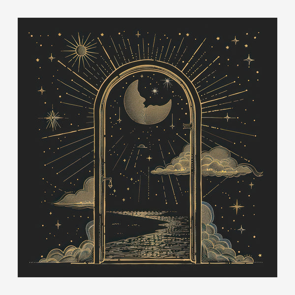 Une arche dorée ouverte sur un ciel nocturne avec lune, nuages et étoiles sur fond noir.