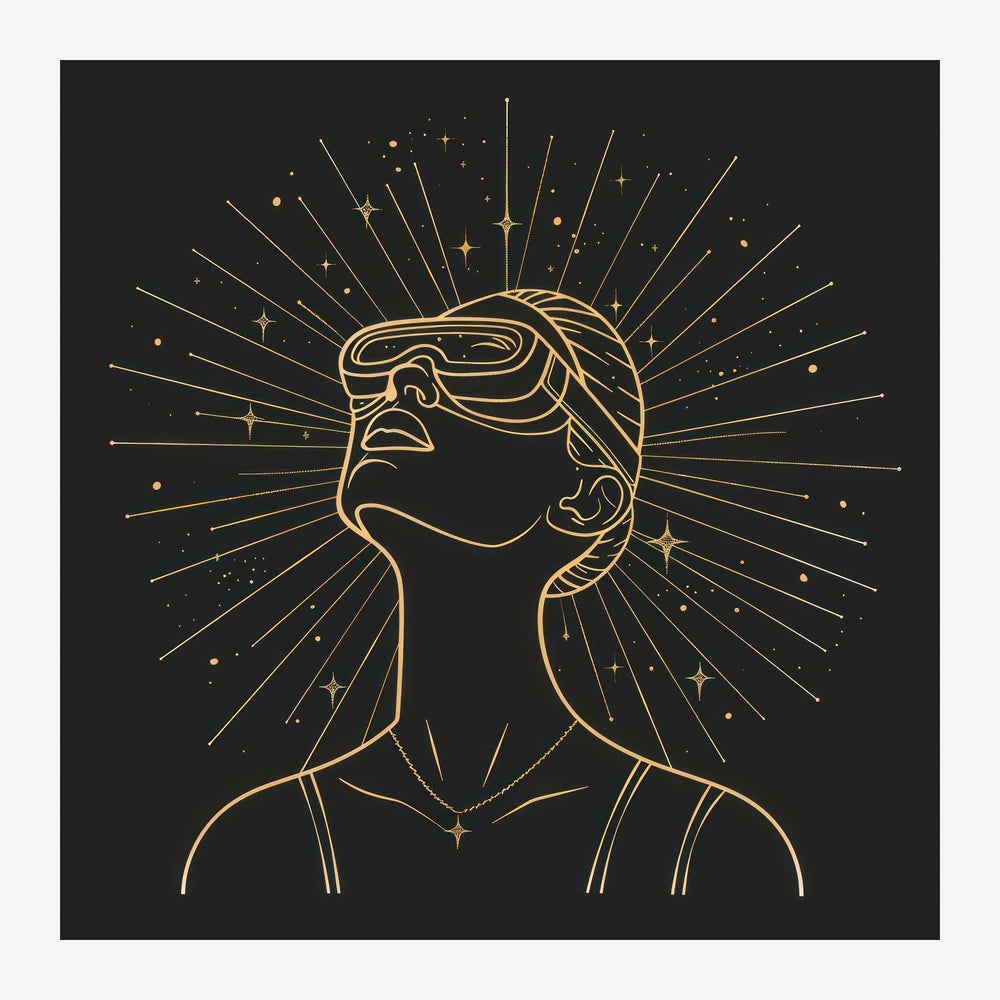 Portrait minimaliste d'un visage féminin tracé en lignes dorées sur fond noir, entouré de rayons de lumière et d'étoiles.
