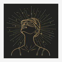 Portrait minimaliste d'un visage féminin tracé en lignes dorées sur fond noir, entouré de rayons de lumière et d'étoiles.