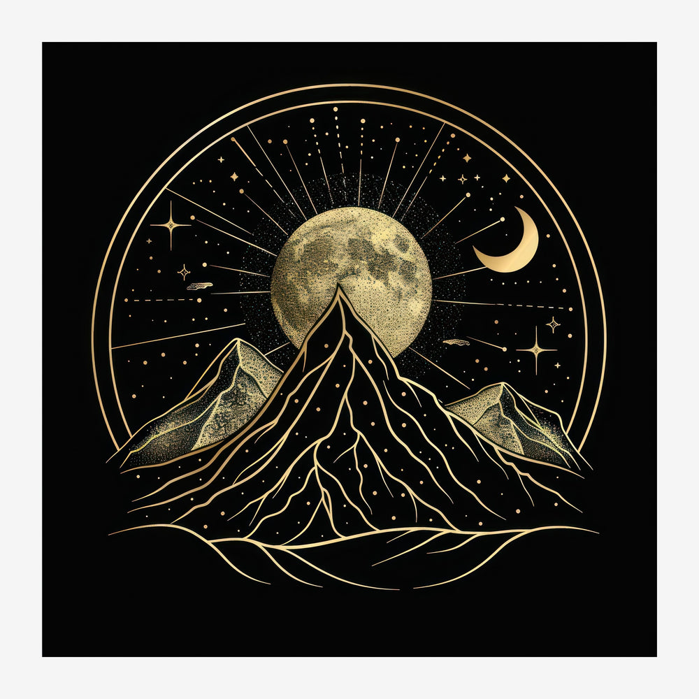 Illustration line art d'une montagne stylisée au centre avec une grande lune dorée et ronde derrière, entourée d'étoiles et.