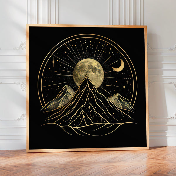 Montagne et lune dorée, ligne art noir et or — Poster HP mat