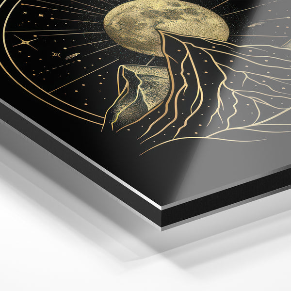 Montagne et lune dorée, ligne art noir et or — Aluminium Dibond relief 3D