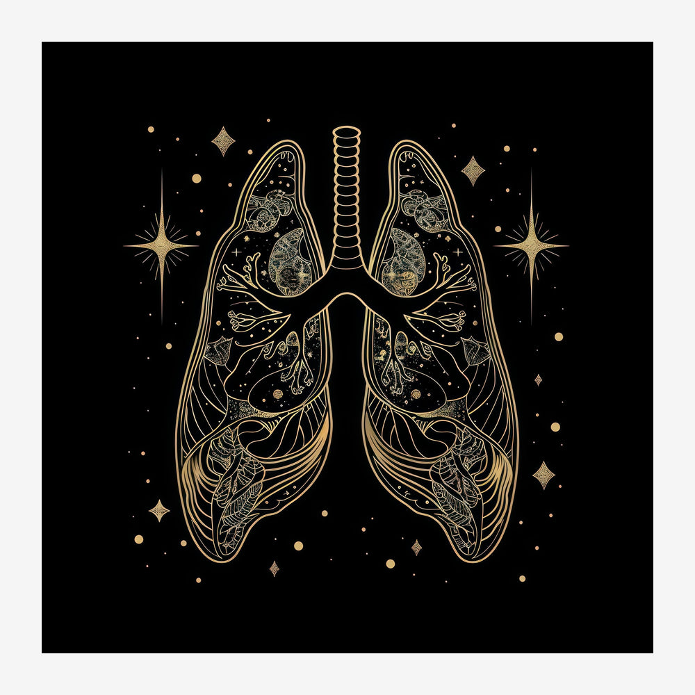 Illustration symétrique de deux poumons aux contours dorés, remplis de motifs botaniques et étoiles, sur fond noir avec des.