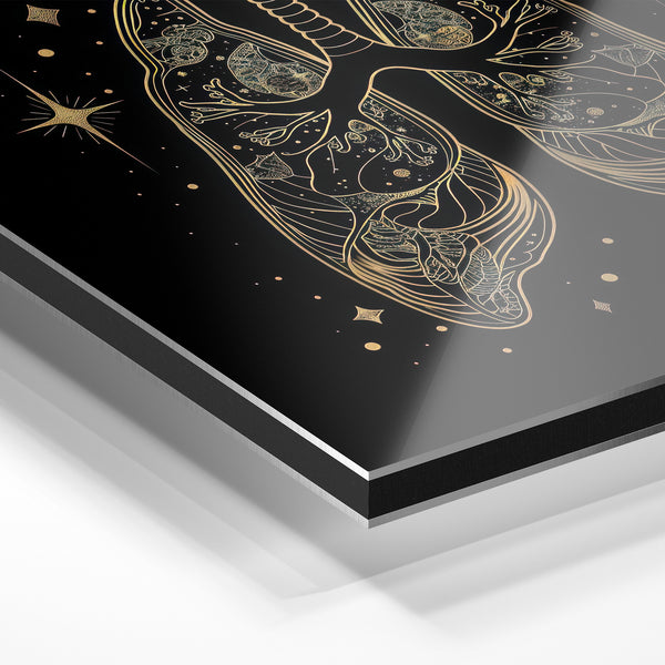 Poumons cosmiques et botaniques, line art noir et or — Aluminium Dibond relief 3D