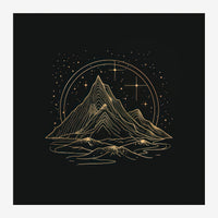Illustration linéaire d'une montagne aux strates géométriques, encadré d'un cercle cosmique parsemé d'étoiles dorées sur.