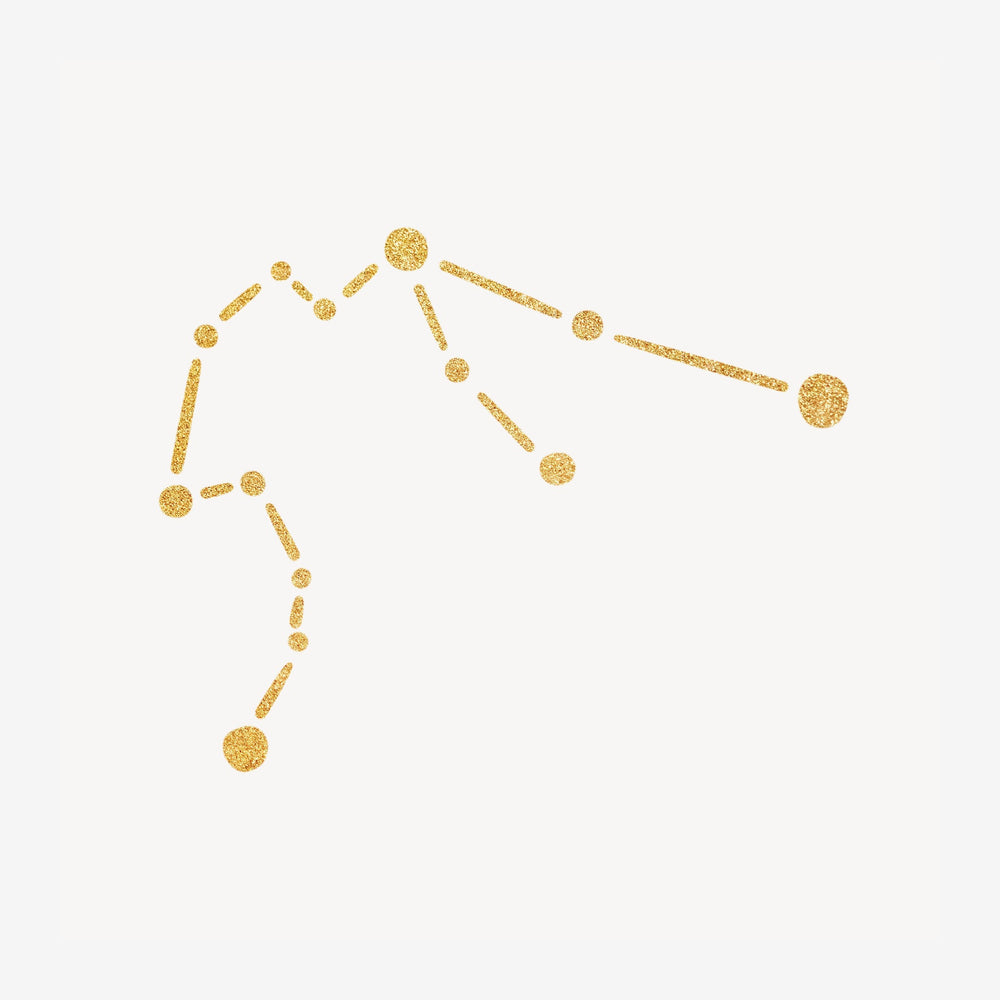 Affiche minimaliste représentant une constellation géométrique en trait continu or sur fond beige clair, composée de cercles.