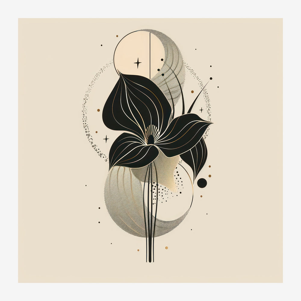 Illustration minimaliste d'une fleur stylisée aux pétales noirs, tige fine, et formes géométriques beige clair sur fond.