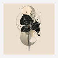 Illustration minimaliste d'une fleur stylisée aux pétales noirs, tige fine, et formes géométriques beige clair sur fond.