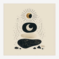 Composition minimaliste empilée en beige et noir : soleil avec traits radiaux, lune noire, formes géométriques arrondies et.