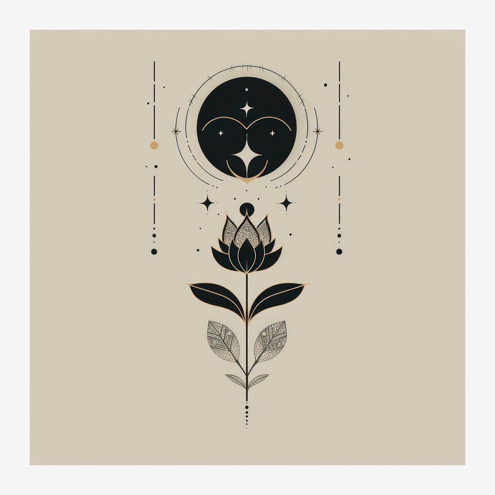 Composition minimaliste noir et terracotta présentant un lotus stylisé au centre, dominé par un symbole lunaire bilobé orné.