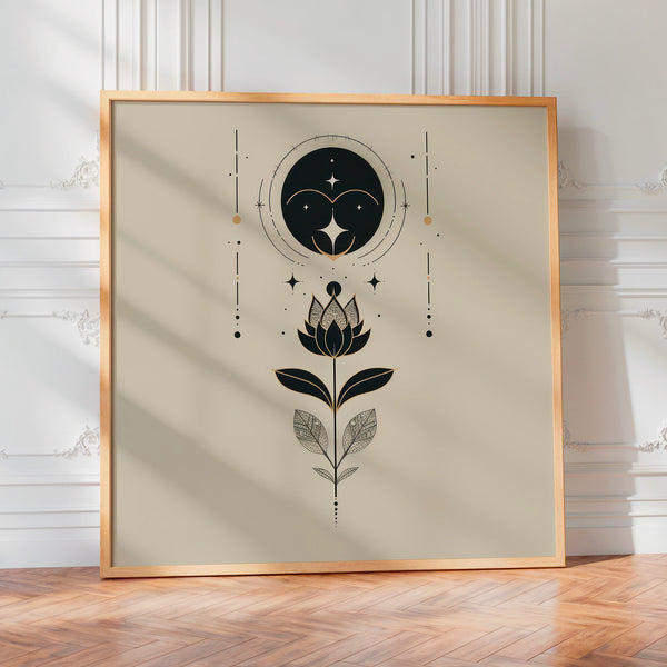Fleur de lotus minimaliste et lune noire — Poster HP mat