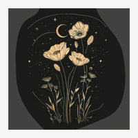 Illustration botanique minimaliste : pavots dorés et petites fleurs sauvages sous un croissant de lune et des étoiles, sur.