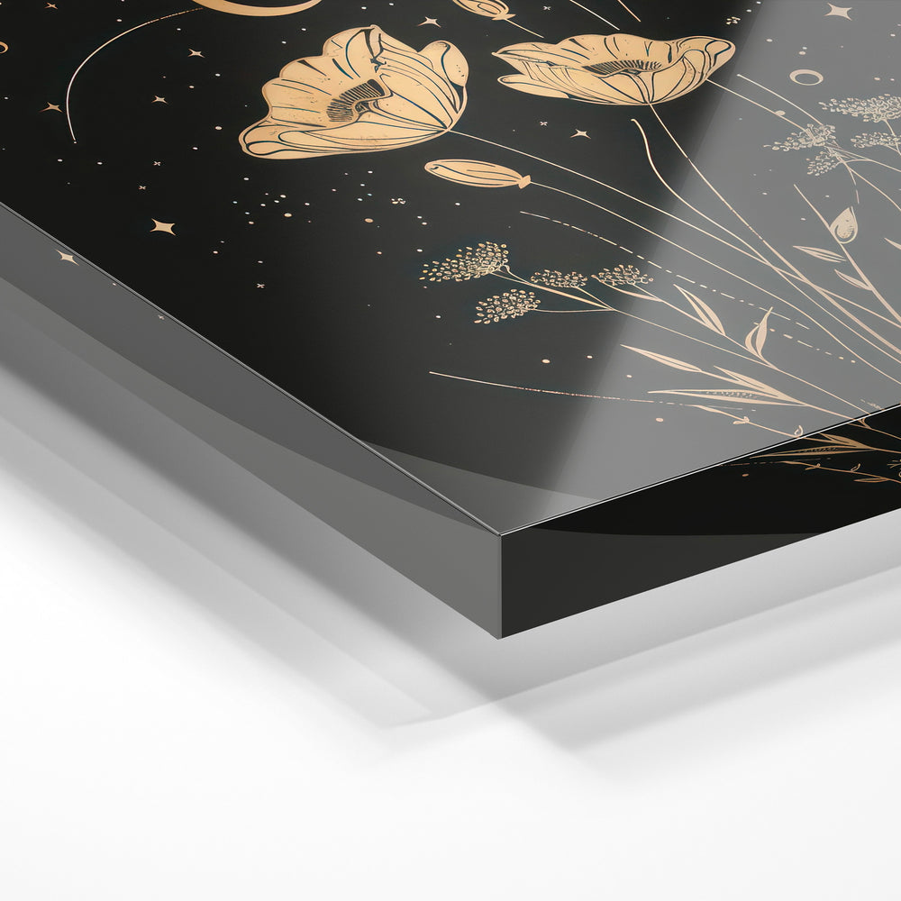Gros plan de la matière : le tirage sous verre acrylique, tranche transparente visible.