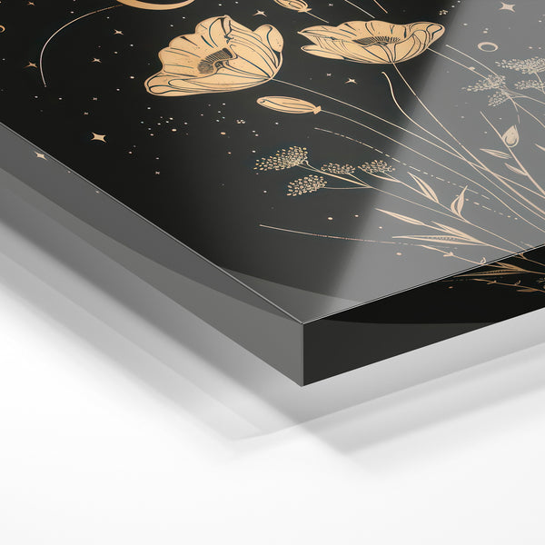 Pavots nocturnes et lune, line art noir et or — Verre acrylique