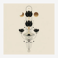 Illustration minimaliste de fleurs stylisées noir et blanc alignées verticalement, encadrées par les phases de la lune en.