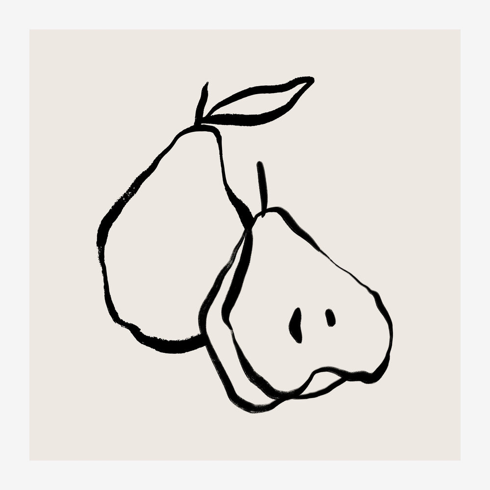 Deux poires stylisées dessinées en trait noir continu sur fond beige, dans un style minimaliste line art.