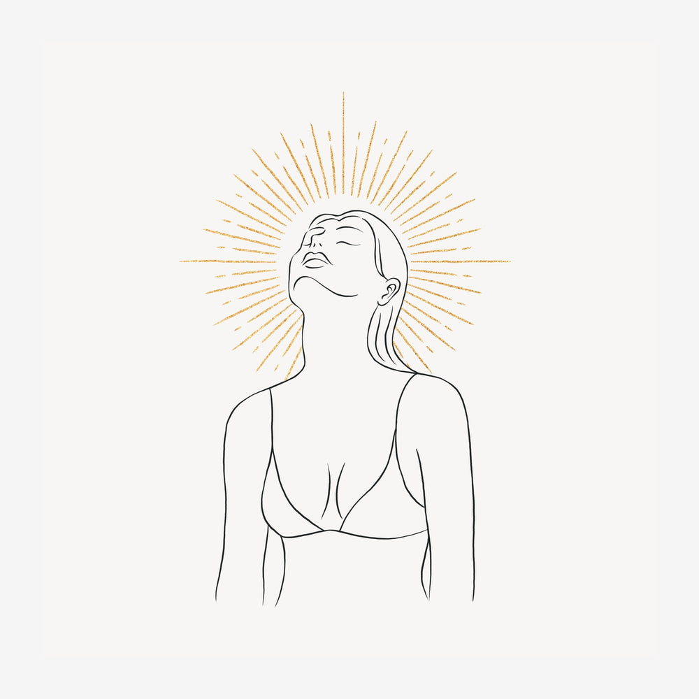 Dessin minimaliste d'une femme de profil regardant vers le haut, entourée d'un halo de rayons dorés, sur fond blanc cassé.