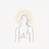 Dessin minimaliste d'une femme de profil regardant vers le haut, entourée d'un halo de rayons dorés, sur fond blanc cassé.