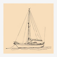 Dessin au trait fin d'un voilier ancré, montrant sa coque, ses mâts et ses voiles sur fond beige clair.
