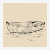 Dessin au trait noir d'une barque de bois échouée sur le sable, sur fond beige clair.
