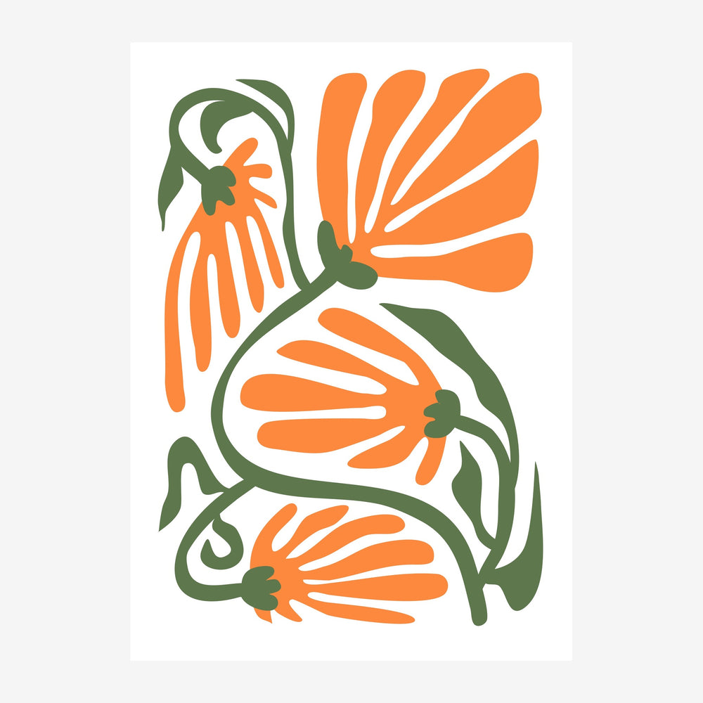 Trois fleurs de souci aux pétales orange en éventail, avec tiges et feuilles vertes entrelacées sur fond blanc, style.