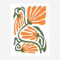 Trois fleurs de souci aux pétales orange en éventail, avec tiges et feuilles vertes entrelacées sur fond blanc, style.