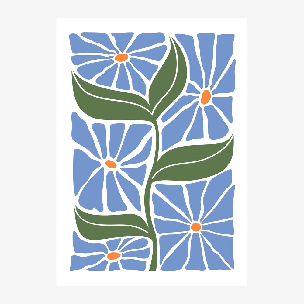 Composition minimaliste de cinq fleurs aux pétales bleus et cœurs orange, reliées par des tiges et feuilles vertes, sur fond.