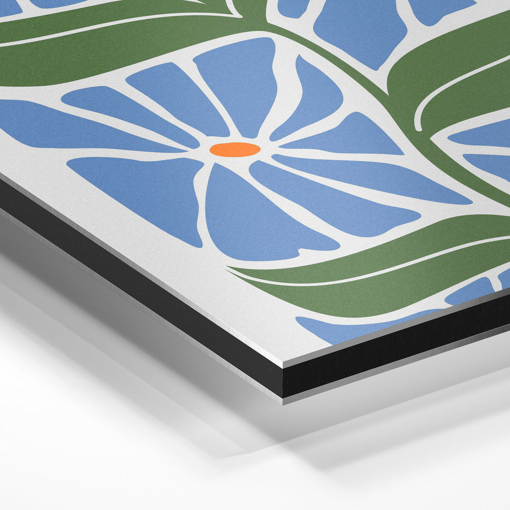 Gros plan de la matière : le tirage contrecollé sur aluminium Dibond mat, tranche visible.