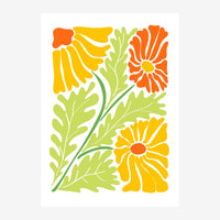 Trois fleurs stylisées en formes géométriques — une jaune en haut à gauche, une orange en haut à droite, une jaune en bas à.