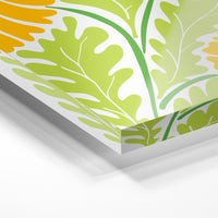 Gros plan de la matière : le tirage sous verre acrylique, tranche transparente visible.