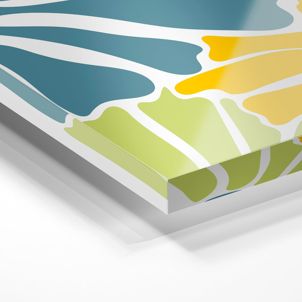 Gros plan de la matière : le tirage sous verre acrylique, tranche transparente visible.