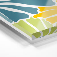 Gros plan de la matière : le tirage sous verre acrylique, tranche transparente visible.