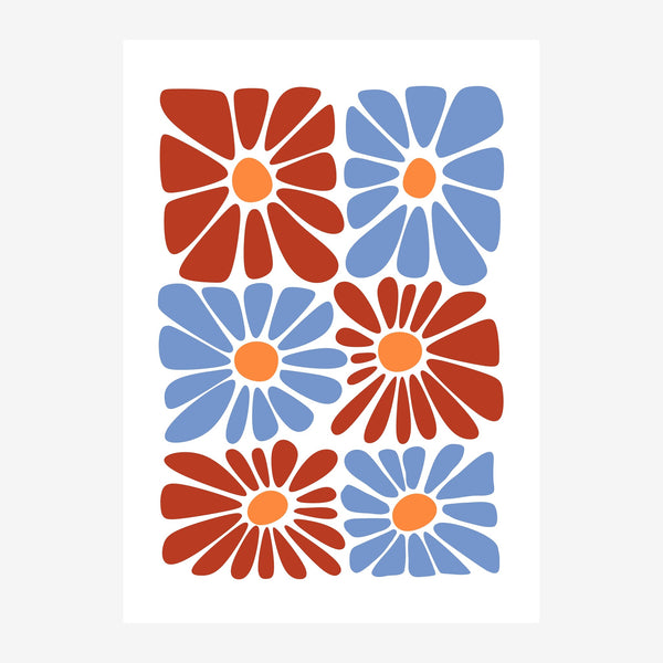 Composition de cinq fleurs géométriques stylisées en grille, avec des pétales bleus ou rouges terracotta et des cœurs orange.