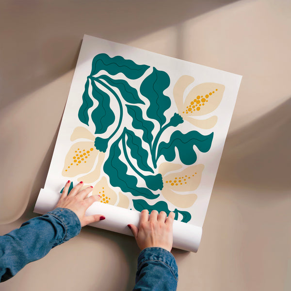 Formes abstraites bleu canard et botanique — Poster HP mat