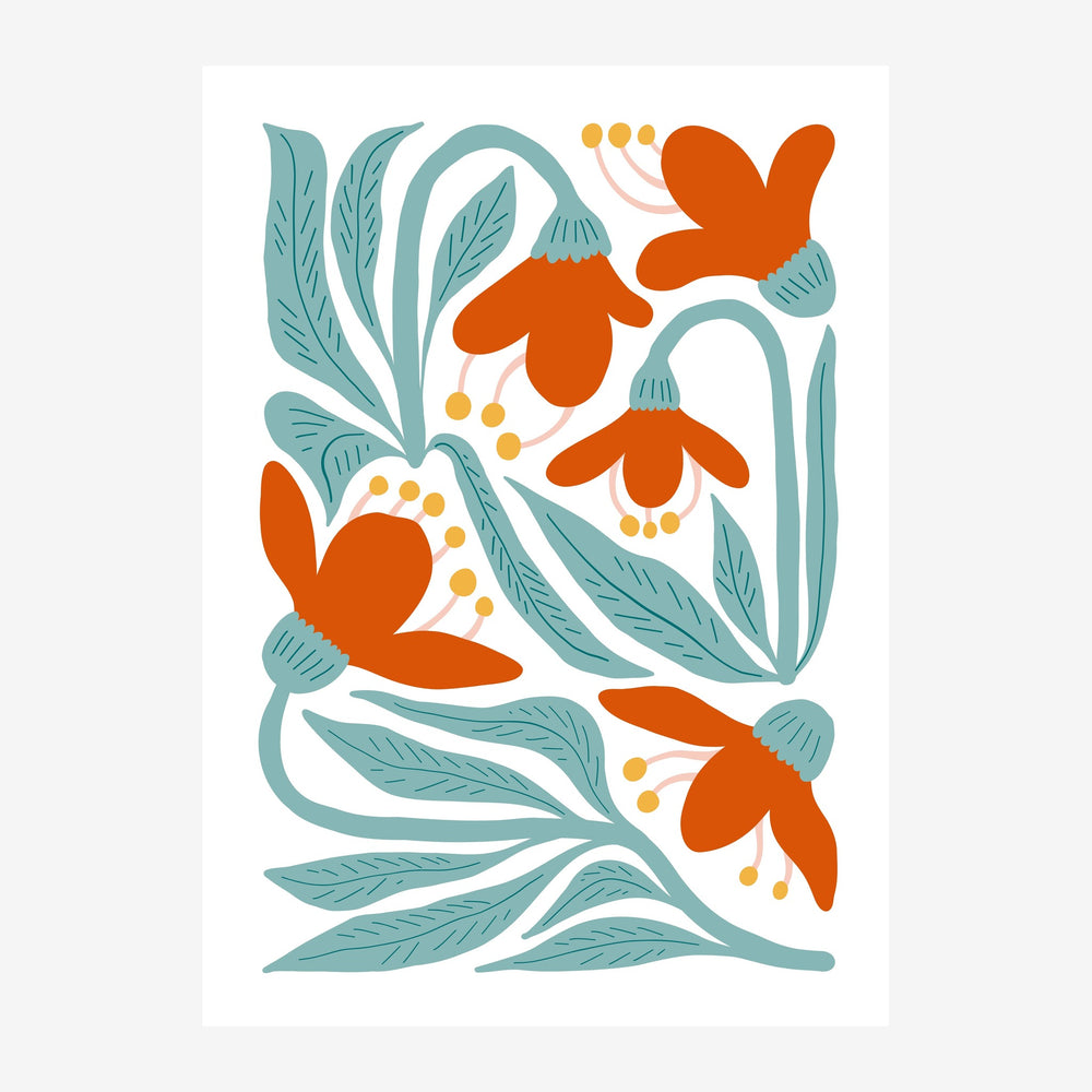 Composition botanique stylisée avec fleurs orange aux pétales arrondis, entourées de feuillages bleu canard et de petites.