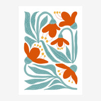 Composition botanique stylisée avec fleurs orange aux pétales arrondis, entourées de feuillages bleu canard et de petites.
