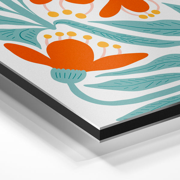 Fleurs orange et bleu canard, style botanique moderne — Aluminium Dibond