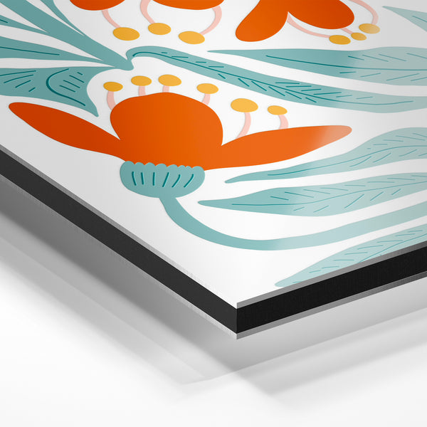 Fleurs orange et bleu canard, style botanique moderne — Aluminium Dibond relief 3D