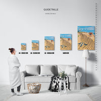 Guide des tailles : le tirage présenté dans ses 5 formats de vente, à l'échelle réelle sur un mur de salon, avec une règle en centimètres.