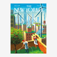 Affiche rétro colorée montrant des toits urbains transformés en jardins avec fleurs et arbres, des éoliennes blanches, deux.