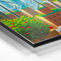 Gros plan de la matière : le tirage contrecollé sur aluminium Dibond mat, tranche visible.