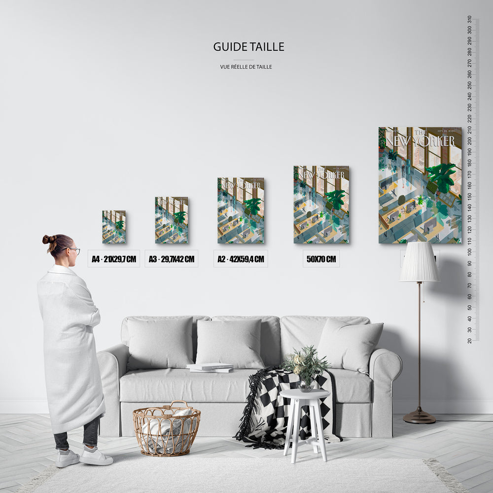 Guide des tailles : le tirage présenté dans ses 5 formats de vente, à l'échelle réelle sur un mur de salon, avec une règle en centimètres.